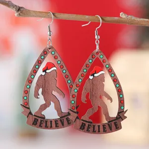 Weihnachten Bigfoot Weihnachtsmütze Wassertropfen Hohle Holzohrringe Doppelseitig Bedruckter Believe Sasquatch Schmuck Damen Geschenk