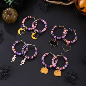 Halloween Geist Totenkopf Kürbis Fledermaus Mond Anhänger Polymer Ton Creolen Gothischer Stil Edelstahl Ohrringe Für Damen
