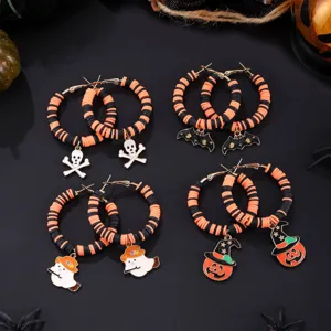 Halloween Polymer Ton Hoop Ohrringe Totenkopf Fledermaus Geist Kuerbis Gothic Schmuck Set