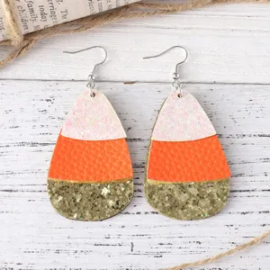 Orecchini pendenti a goccia in pelle PU autunno con paillettes glitter per feste donna.