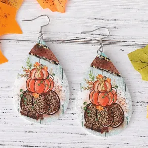 Herbst Kürbis Leo Muster Tropfen PU Leder Ohrringe Damen Thanksgiving Geschenk Schmuck