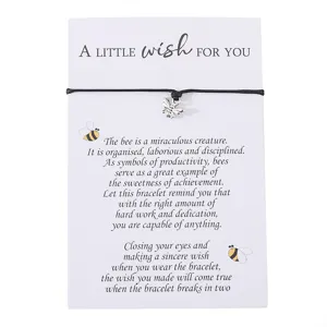 Charm bee braided bracelet with wish card, adjustable black string friendship jewelry gifts.