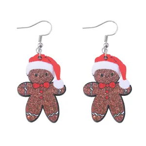 Weihnachten Lebkuchenmann Ohrringe mit süßen Weihnachtsmützen Glitzer Holz Ohrhänger Geschenke.