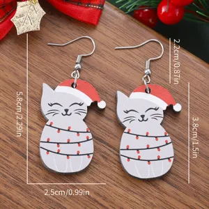 Boucles d'oreilles chat de Noël en bois avec chapeau de Père Noël, jolies boucles.