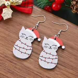 Boucles d'oreilles chat de Noël en bois mignonnes pendentifs fête cadeau bijoux femme