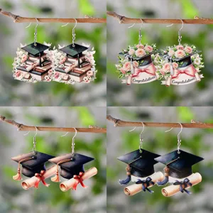 Abschlusszeit Acryl Ohrringe Doktorhut Buch Blume Schriftrolle Anhänger Glückwunsch Schmuck Geschenk für Damen