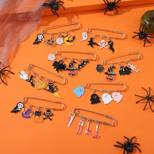 Halloween Brooch Gothic Enamel Badge Pin Alloy Pumpkin Ghost Cobweb Safety Pin Brooch For Costume Party Accessory Jewelry Gift