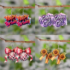 Acrylic Birthday Party Earrings Printed Happy Birthday Disco Ball Bow Sunflower Lightning Pendant Earrings Birthday Jewelry Gift