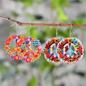 Orecchini Pendenti Bohémien in Acrilico con Segno della Pace e Fiori Orecchini Geometrici Stampati Hippie da Donna