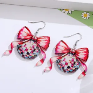 Trendy acrylic disco ball bow drop earrings, colorful party jewelry gift for women.