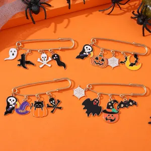 Detailed view of Halloween gothic brooch pins featuring cute ghost, pumpkin, and spider pendants.