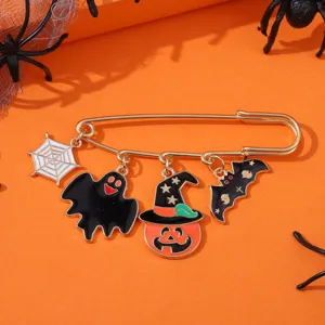 Halloween brooch with cute ghost pumpkin spider web charms, gothic style alloy safety pin gift.