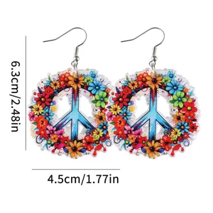 Orecchini pendenti in acrilico multicolore con simbolo della pace e motivo floreale boho chic