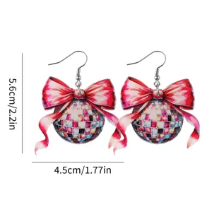 Detailed view of colorful disco ball acrylic bow dangle earrings with clear dimension marks.