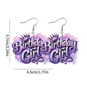 Purple acrylic Birthday Girl dangle earrings close-up showcasing detailed design and size.