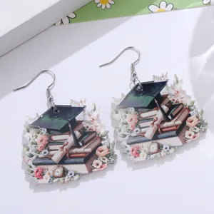 Abschluss Thema Acryl Ohrringe mit Buch Blumen Anhänger Damen Mode Schmuck Geschenke