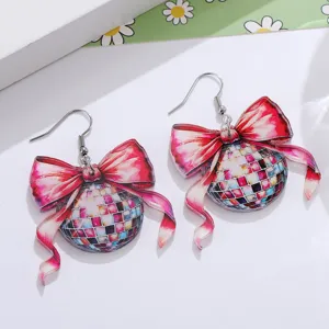 Acrylic disco ball bow earrings, colorful party drop earrings for women gifts.