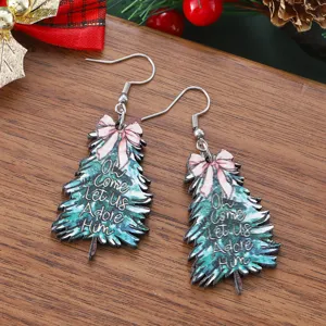 Boucles d'oreilles sapin de Noël en bois avec nœud et texte pour cadeaux de fête et hiver