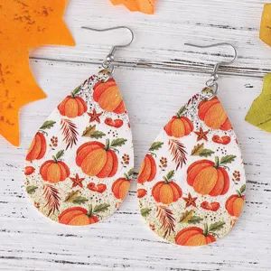 Herbst Erntedank Ahornblatt Kürbis PU doppelseitige Tropfen Ohrringe Party Schmuck Geschenk