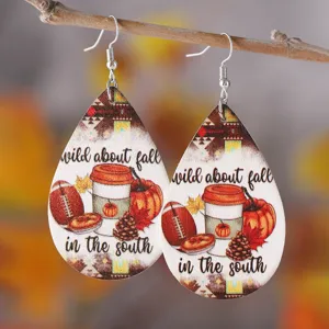 Herbst Thema Tropfen PU Leder Ohrringe mit Kuerbis und Kaffeetasse Druck fuer Herbst Party.