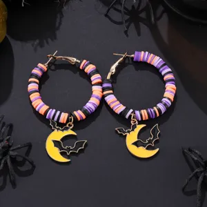 Halloween Polymer Ton Creolen Ohrringe mit Mond Fledermaus Anhänger Gothic Schmuck Damen