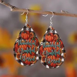 Thanksgiving Tropfen Lederohrringe mit Kürbis Print und Herbst Karomuster fur Damen Party.