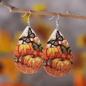 Herbst Erntedank Kürbis Ahornblatt Tropfen PU Leder Ohrringe Damen Party Geschenk