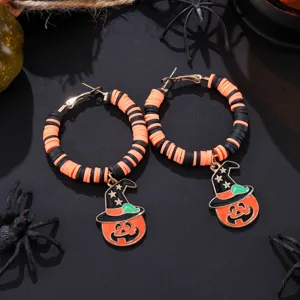 Halloween Fimo-Ton-Creolen mit Kürbis-Hexenhut-Anhänger für festlichen Party-Modeschmuck.