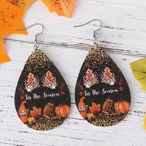 Herbst Thanksgiving Tropfen Leder Ohrringe mit Kuerbis und Ahornblaetter Muster Damen