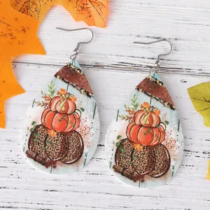 Thanksgiving PU Leder Tropfen Ohrringe mit Kuerbis und Leo Muster Design.