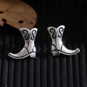 Vintage silberne Cowboy Stiefel Ohrstecker, metallischer Finish, täglicher Schmuck.