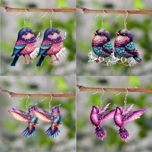 Colorful Acrylic Hummingbird Bird Pendant Earrings Printed Flower Branch Drop Earrings For Women Vacation Jewelry