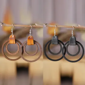 Pendientes Colgantes Bohemios de Madera y Cuero con Doble Círculo Patchwork Vintage con Gancho de Aleación Joyería Negro Marrón Regalo