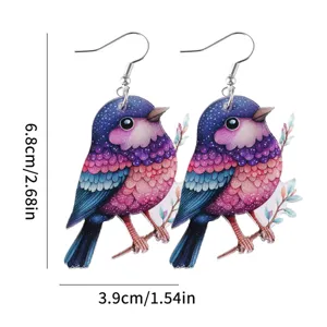 Colorful bird acrylic dangle earrings detail display showing exact dimensions 6.8x3.9cm.