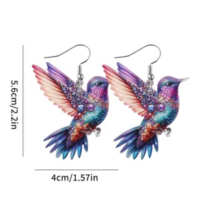 Colorful acrylic hummingbird drop earrings, elegant summer vacation jewelry design.