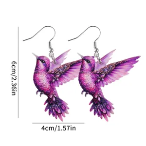 Colorful acrylic hummingbird dangle earrings, lightweight drop earrings for spring and summer.
