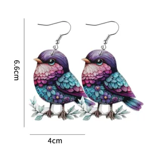 Colorful bird acrylic drop earrings with floral and branch design, stylish vacation jewelry.