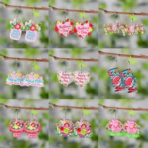 Pendientes de Madera para el Día de la Madre Ramo de Flores Corazón Letra MOM Silueta Estampado Pendientes Colgantes Mujer Joyería