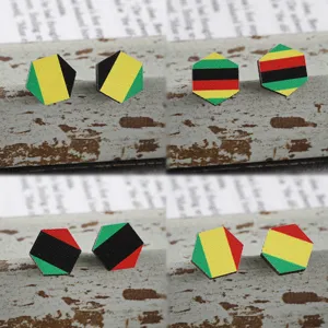 Orecchini a Bottone in Legno Esagonale Colori Bandiera Panafricana Juneteenth Black History Month Perno in Acciaio Inossidabile Gioielli Etnici