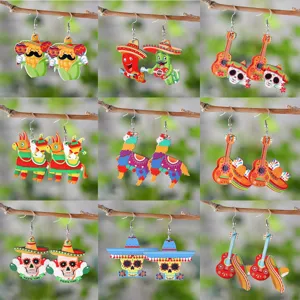 Mexikanische Cinco De Mayo Tag Der Toten Holz Ohrringe Doppelseitig Bedruckt Bunte Kaktus Totenkopf Gitarre Anhänger Tropfen Ohrringe Für Frauen Party Schmuck