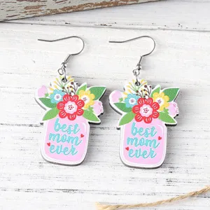 Pendientes de madera para Día de la Madre detalle, frasco floral con texto best mom ever.