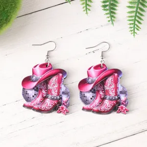 Wooden double sided western cowboy hat boot disco ball dangle earrings detail view.