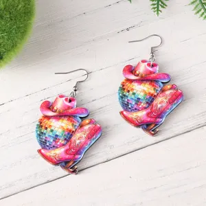 Wooden disco ball cowboy hat boot earrings for festival party fashion wooden dangle