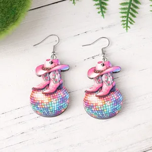 Wooden western cowboy hat boots disco ball dangle earrings for music festival party.