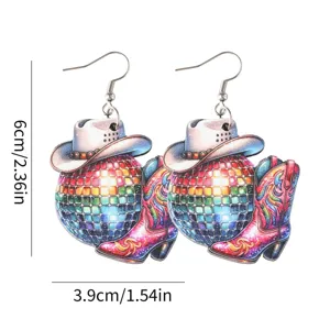 Western cowboy hat disco ball cowboy boot dangle earrings, vibrant rainbow festival jewelry.