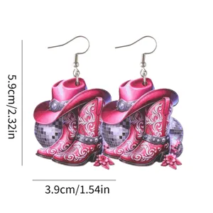 Western cowboy boot hat wooden earrings with disco ball pendant, pink fashion festival jewelry.