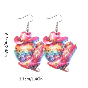 Colorful disco cowboy hat and boot earrings, wooden festival dangle earrings for women.