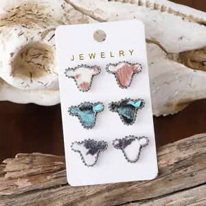 Western Farm Stil Stierkopf Leder Legierung Ohrstecker Kreative Tier Cowboy Muster Metall Ohrschmuck Set Für Damen Party Schmuck