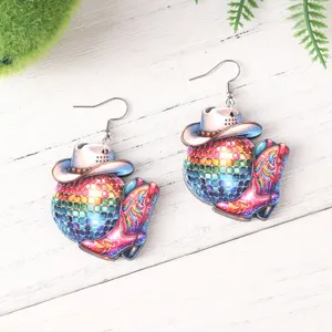 Trendy western cowboy hat disco ball boot wooden drop earrings for music festival party