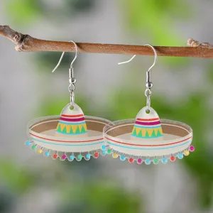 Mexikanische Cinco De Mayo Mehrfarbige Strohhut Acryl Ohrhänger Süße Geometrische Streifen Ball Ohrringe Party Urlaub Ohrschmuck Geschenk Für Damen
